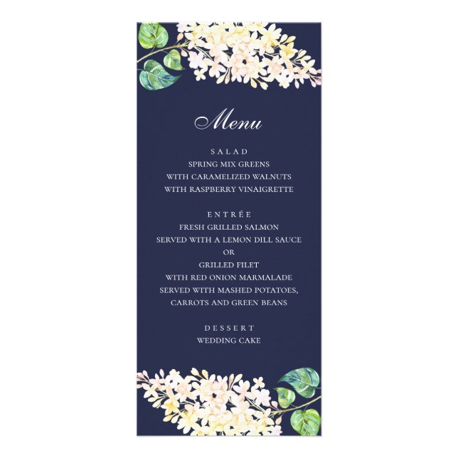 Dîner à mariage floral de marine. Menu fleurs blan (Devant)