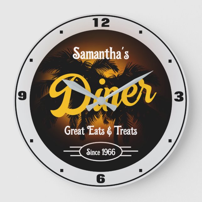 Diner Any Name Date Palm Trees Grey Border Large Clock (Front)