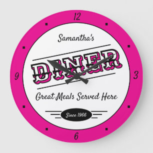 Diner Any Name Date Retro Hot Pink Black White Large Clock