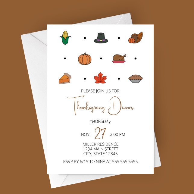 Dîner d'action de grâce Invitation avec Icônes d'a (Thanksgiving Icons Thanksgiving Dinner Party Invitation)