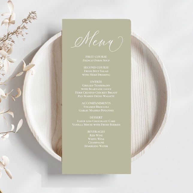 Dîner de calligraphie mariage Menu Sage Green (Wedding menu card with a sage green calligraphy script.)