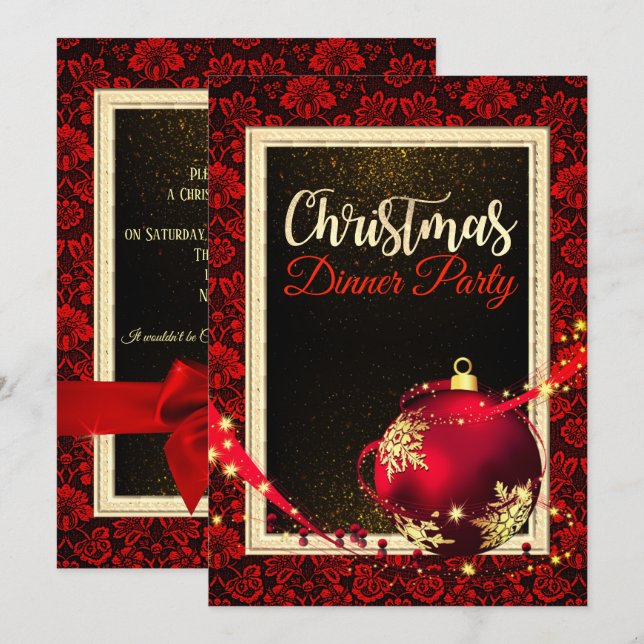 Dîner de Noël rouge glamour Damask Invitation (Devant / Derrière)