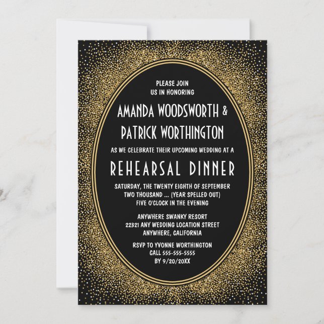 Dîner de répétition Art déco noir & or Invitations (Devant)