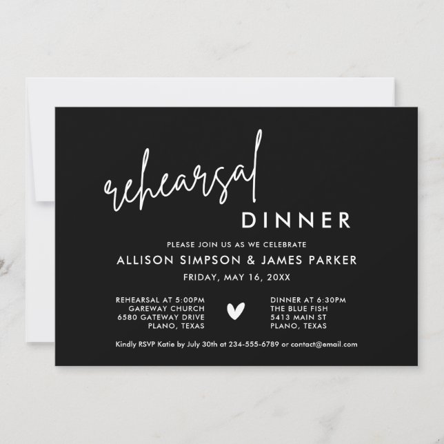 Dîner de répétition Black Modern Heart Invitation (Devant)