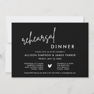 Dîner de répétition Black Modern Heart Invitation