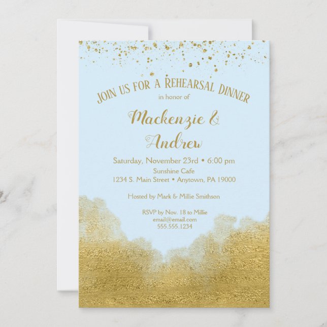 Dîner de répétition Blue Gold Confetti Invitation (Devant)