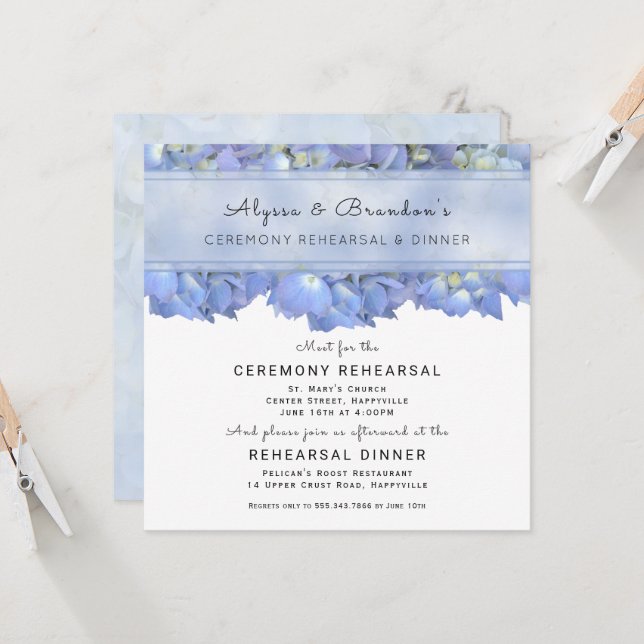 Dîner de répétition Carré Floral bleu Invitation (Devant/Arrière en situation)