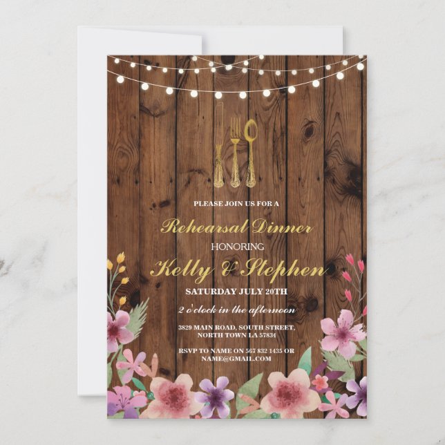 Dîner de répétition Cutlery Gold Lights Invitation (Devant)