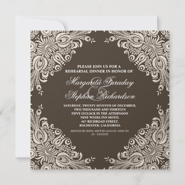 dîner de répétition damasé brun foncé invitation (Devant)