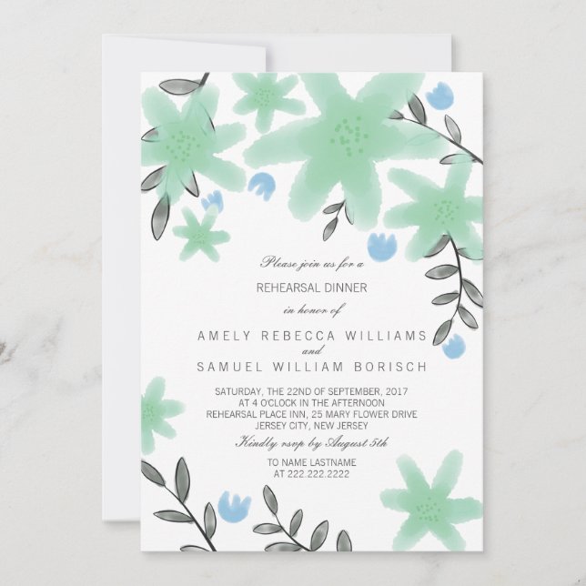 Dîner de répétition de fleurs vert Mint Invitation (Devant)