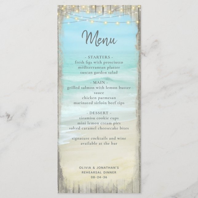 Dîner de répétition de plage Menu Rustique Mariage (Devant)