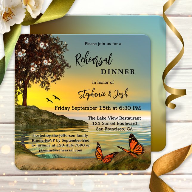 Dîner de répétition du lac Butterfly Invitation (Rehearsal Dinner invitation featuring a painting of a coastal landscape scene with butterflies)