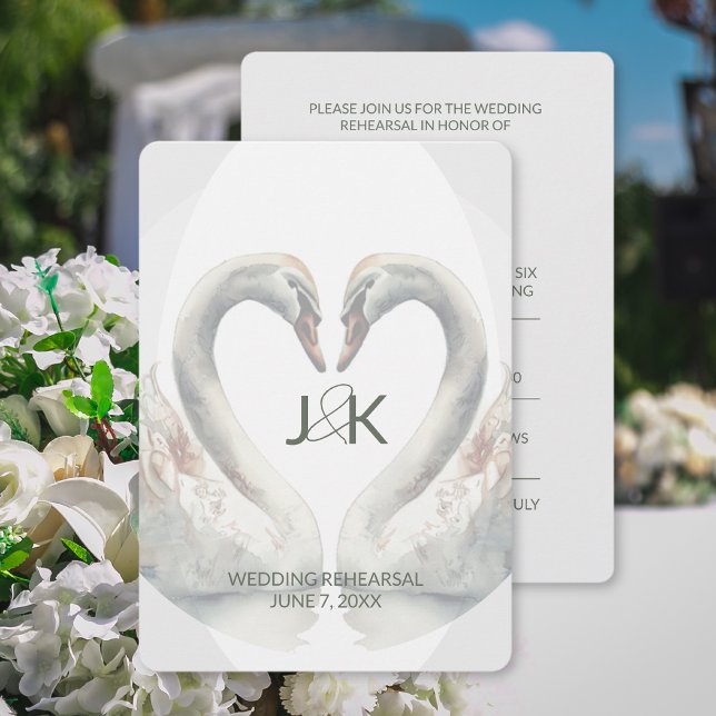 Dîner de répétition du Mariage de cygne Invitation (Swan Wedding Rehearsal Dinner Invitation (front and back))