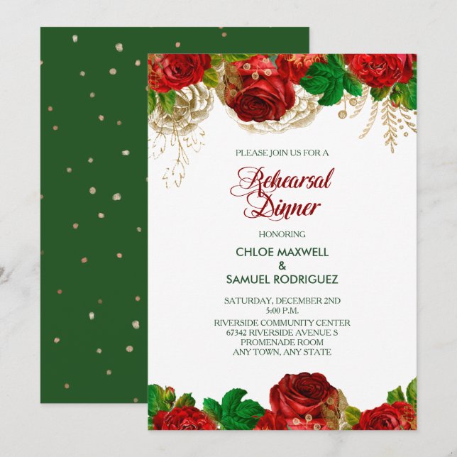 Dîner de répétition Floral Roses rouges Invitation (Devant / Derrière)