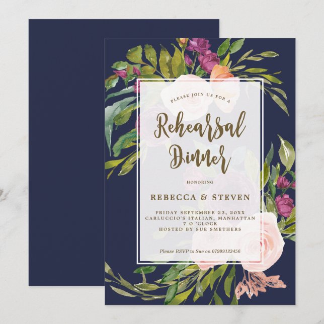 dîner de répétition florale marine vert invitation (Devant / Derrière)