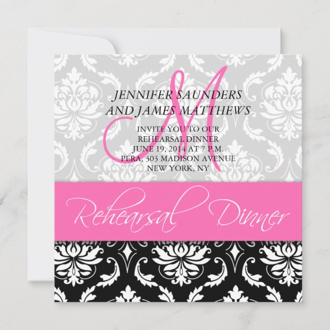 Dîner de répétition Invitation Damask Monogram Hot (Devant)