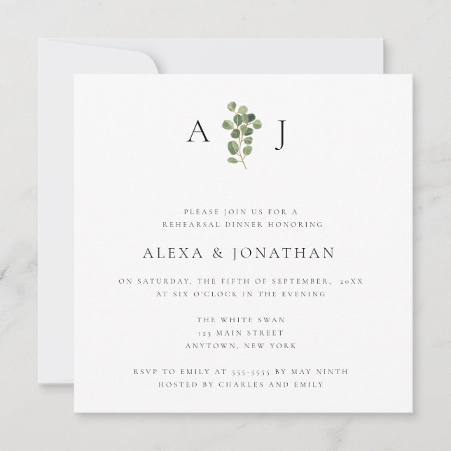 Dîner de répétition Monogramme vert Invitation (Devant)