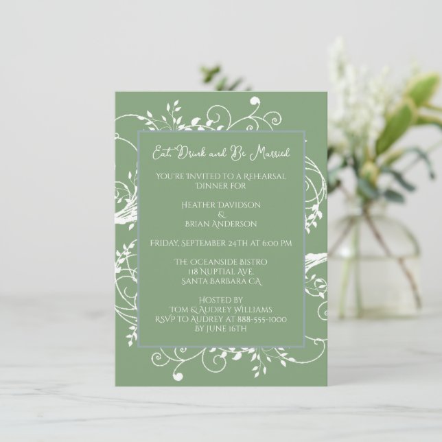 Dîner de répétition Moss Green Flourish Invitation (Debout devant)