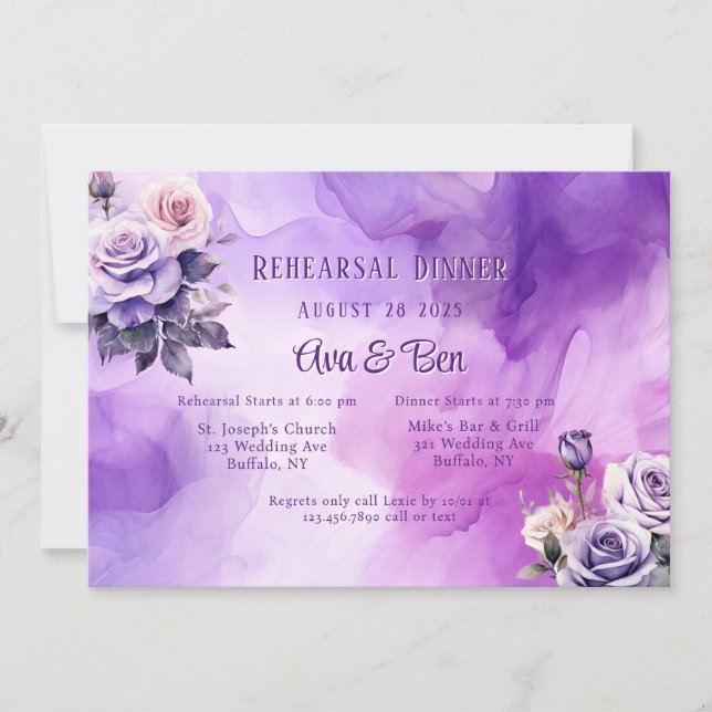 Dîner de répétition Purple Rose Roses Invitation (Devant)