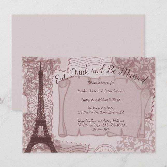 Dîner de répétition rose Parisien Invitation (Devant / Derrière)