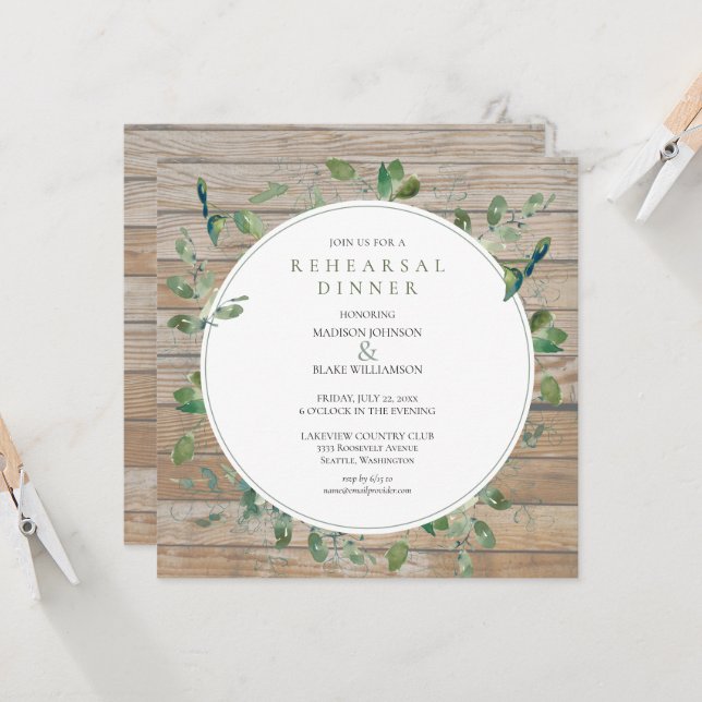 Dîner de répétition Rustique Bois vert Invitation (Devant/Arrière en situation)