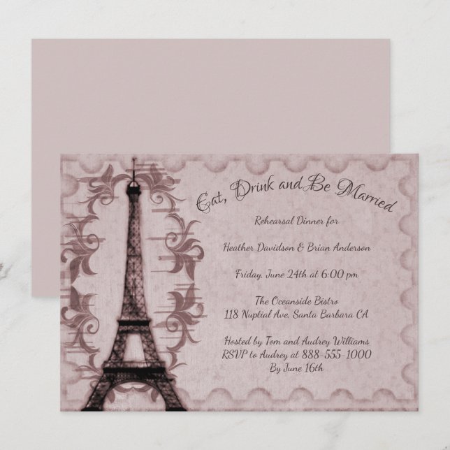 Dîner de répétition Tour Eiffel rose Invitation (Devant / Derrière)
