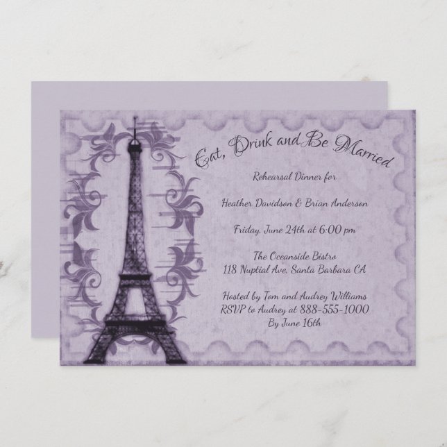 Dîner de répétition Tour Eiffel violet Invitation (Devant / Derrière)