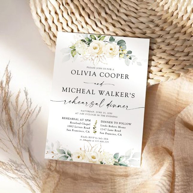 Dîner de répétition vert blanc Roses Invitation (Créateur téléchargé)