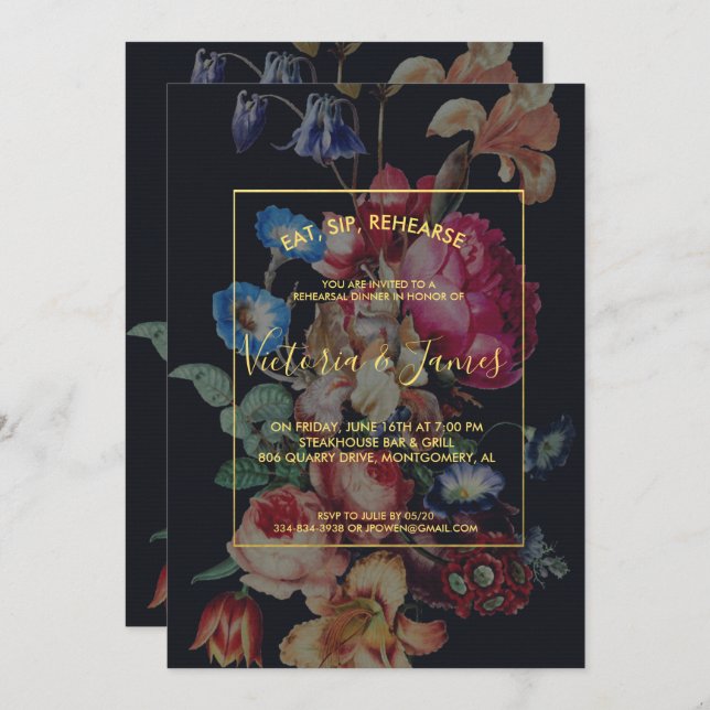 Dîner de répétition Vintage foncé Invitation (Devant / Derrière)