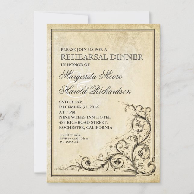 Dîner de répétition vintage tourbillons invitation (Devant)