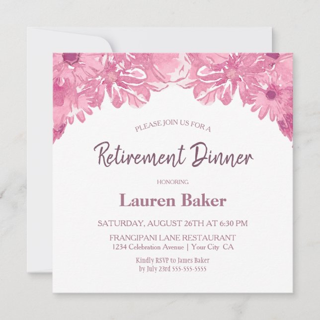 Dîner de retraite floral rose Invitation (Devant)