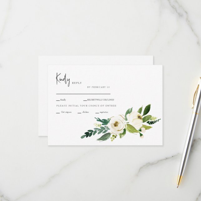 Dîner floral blanc Options Mariage carte RSVP (Devant/Arrière en situation)
