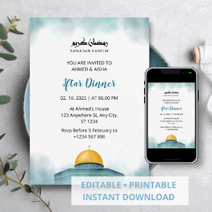 Dîner Iftar invitation ramadan aquarelle bleu