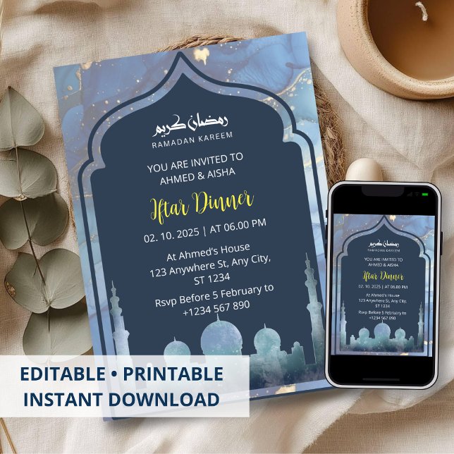 Dîner Iftar invitation ramadan aquarelle mosquée (Créateur téléchargé)