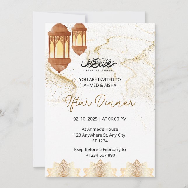 Dîner Iftar invitation ramadan aquarelle or (Devant)