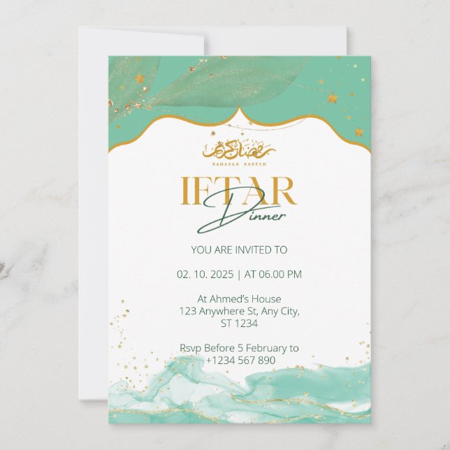 Dîner Iftar invitation ramadan aquarelle vert (Devant)