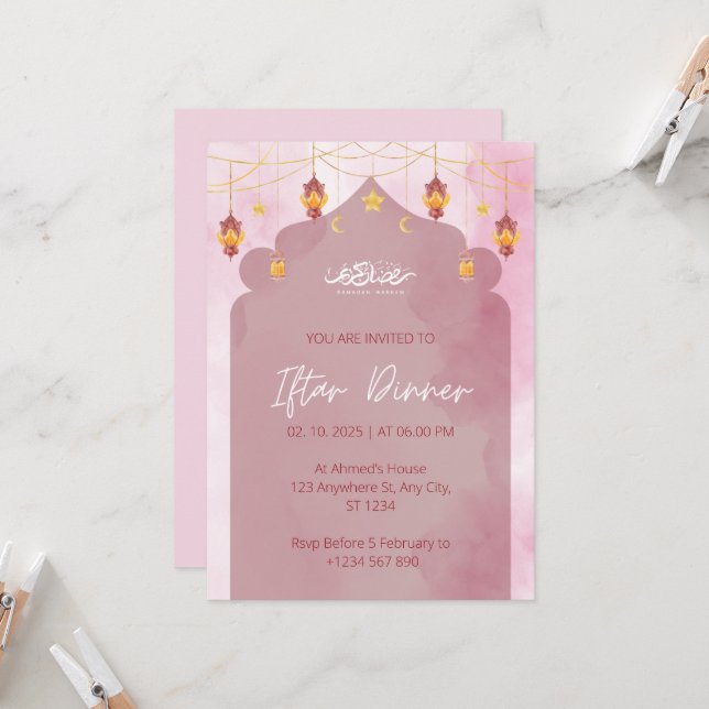 Dîner Iftar invitation ramadan mosquée rose (Devant/Arrière en situation)