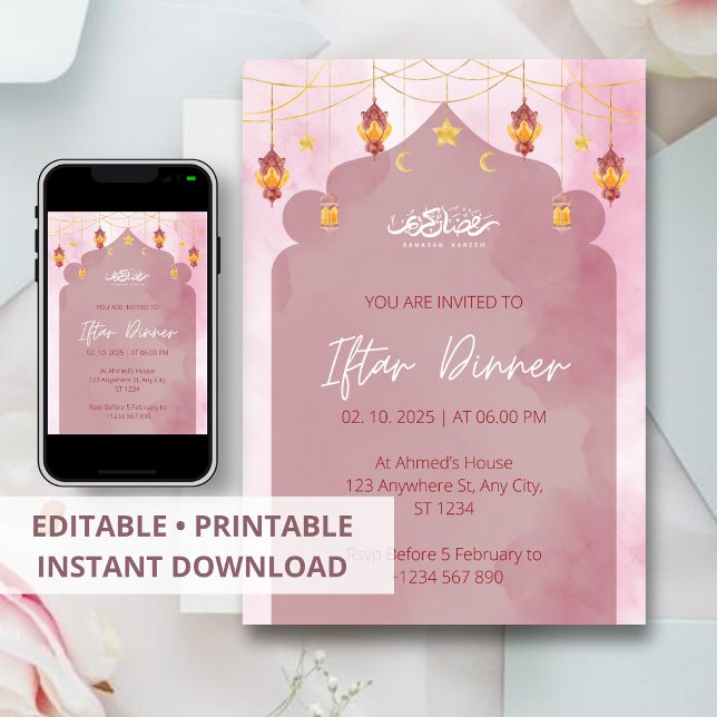 Dîner Iftar invitation ramadan mosquée rose (Créateur téléchargé)