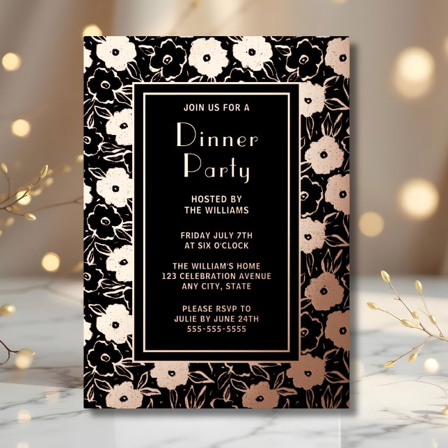 Dîner Invitation Botanique Noir Élégant Rose (Créateur téléchargé)