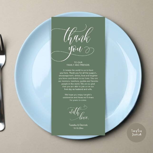 Dîner Lieu Cadre Merci, Carte Script moderne (Wedding Dinner Place Setting Thank You Card, Plate Decoration, Modern Script, in Sage Green)