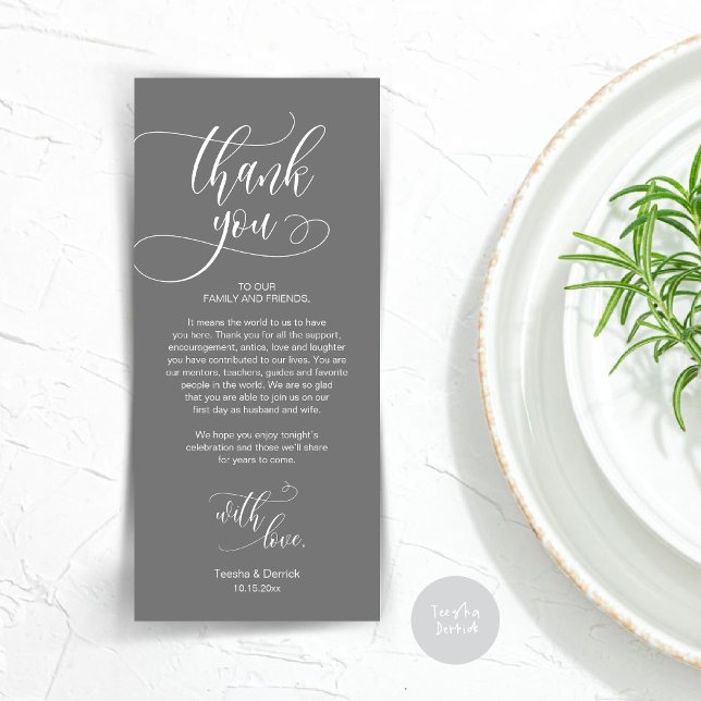 Dîner Lieu Cadre Merci, Carte Script moderne (Wedding Dinner Place Setting Thank You Card, Plate Decoration, Modern Script, in Dark Grey)