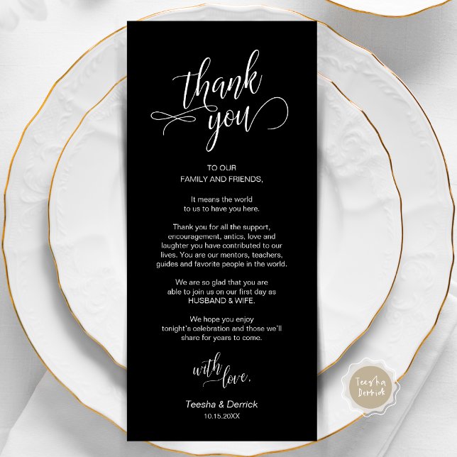 Dîner mariage, Cadre Remerciements Cartes (Wedding Dinner, Place Setting Thank You Card, in Modern Classy Script, Classy Black.)