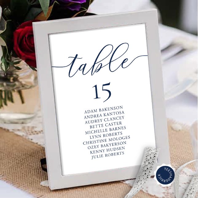 Dîner mariage, Carte de siège romantique, bleu mar (Wedding Dinner Guest Seating Chart Card, in Modern Romantic Classy Navy Blue Themed.)