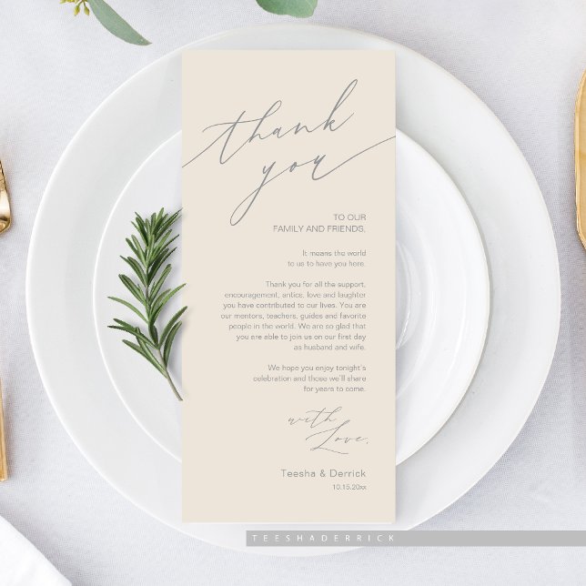 Dîner mariage Lieu Cadre Carte de remerciements (Romantic Wedding Dinner Place Setting Thank You Card, in Cream and grey)