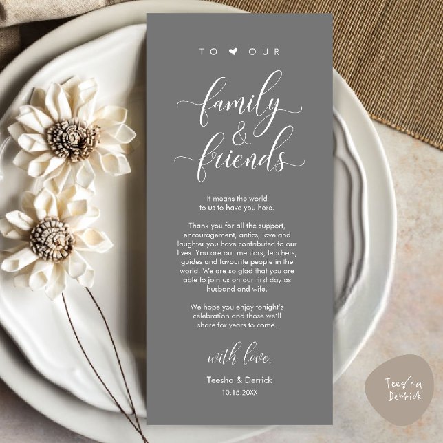 Dîner mariage Lieu Cadre Carte de remerciements (Welcome and Thanks, Wedding Dinner Place Setting Thank You Card in Dark Grey)