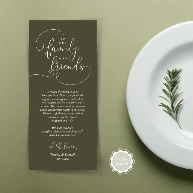 Dîner mariage Lieu Cadre Carte de remerciements (To Our Family and Friends, Wedding Dinner Place Setting Thank You Card, Modern, Olive Green)