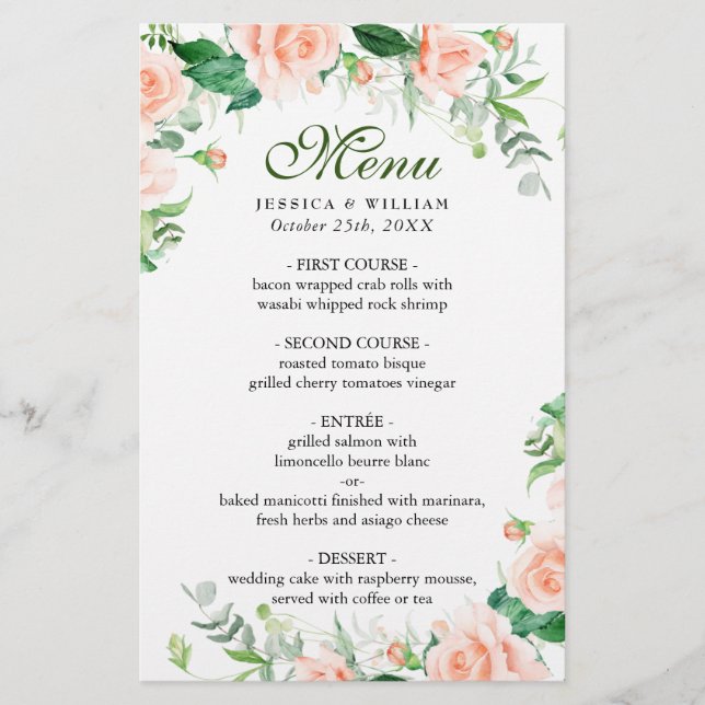 Dîner mariage Menu Élégant Blush Rose Floral (Devant)