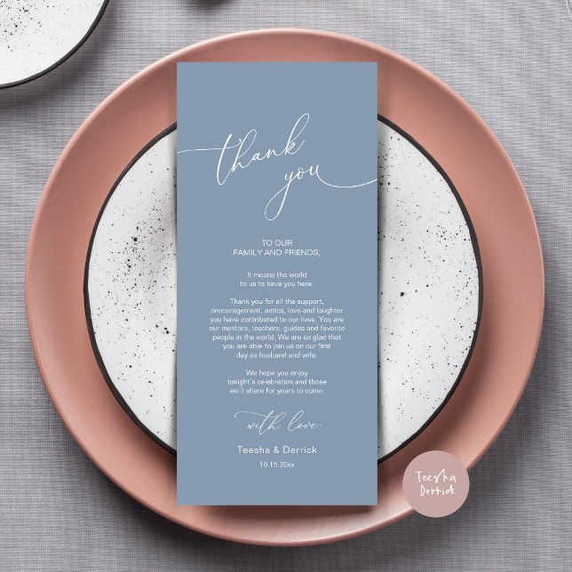 Dîner Mariage moderne Cadre Carte de remerciements (Modern Wedding Dinner Place Setting Thank You Card, Plate decor, in Dusty Blue)