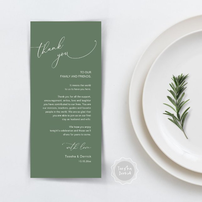 Dîner Mariage moderne Cadre Carte de remerciements (Modern Wedding Dinner Place Setting Thank You Card, Plate decor, in Forest Sage Green)
