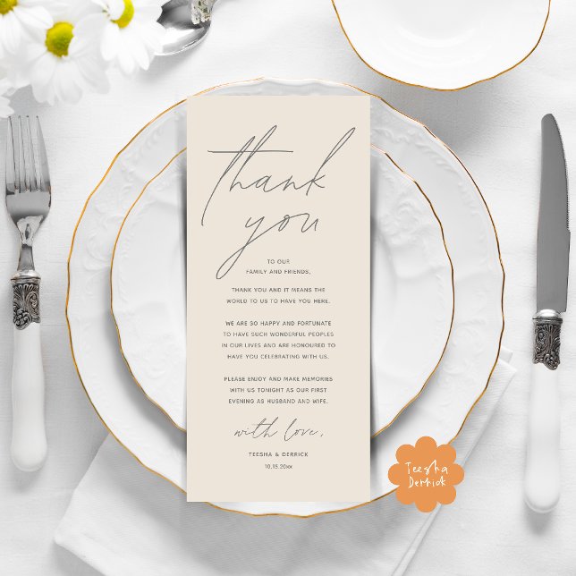 Dîner Mariage moderne Cadre Carte de remerciements (Modern Wedding Dinner Lunch Brunch Celebration Place Setting Thank You Card in Cream Grey)